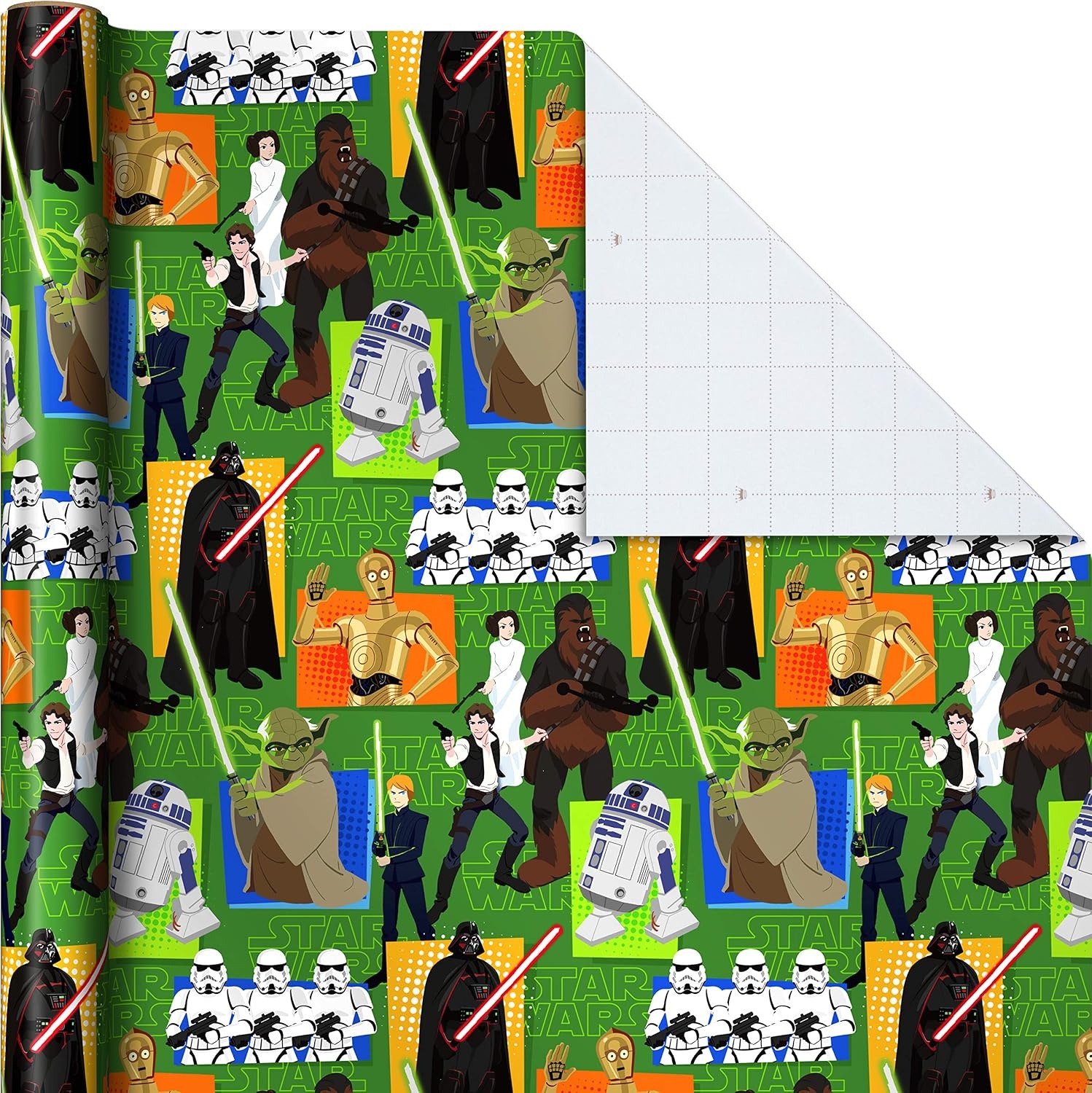 image:imageHallmark Star Wars Wrapping Paper with Cut Lines on Reverse 3Pack 60 sq ft ttl with Yoda Darth Vader Chewbacca R2D2 C3PO Stormtroopers XWing Millennium FalconWrapping Paper