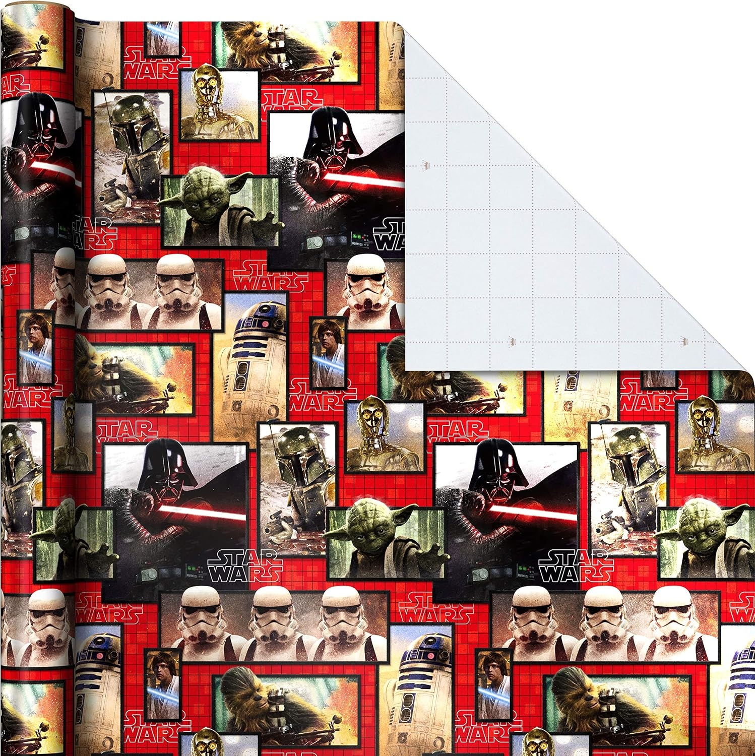 image:imageHallmark Star Wars Wrapping Paper with Cut Lines on Reverse 3Pack 60 sq ft ttl with Yoda Darth Vader Chewbacca R2D2 C3PO Stormtroopers XWing Millennium FalconWrapping Paper