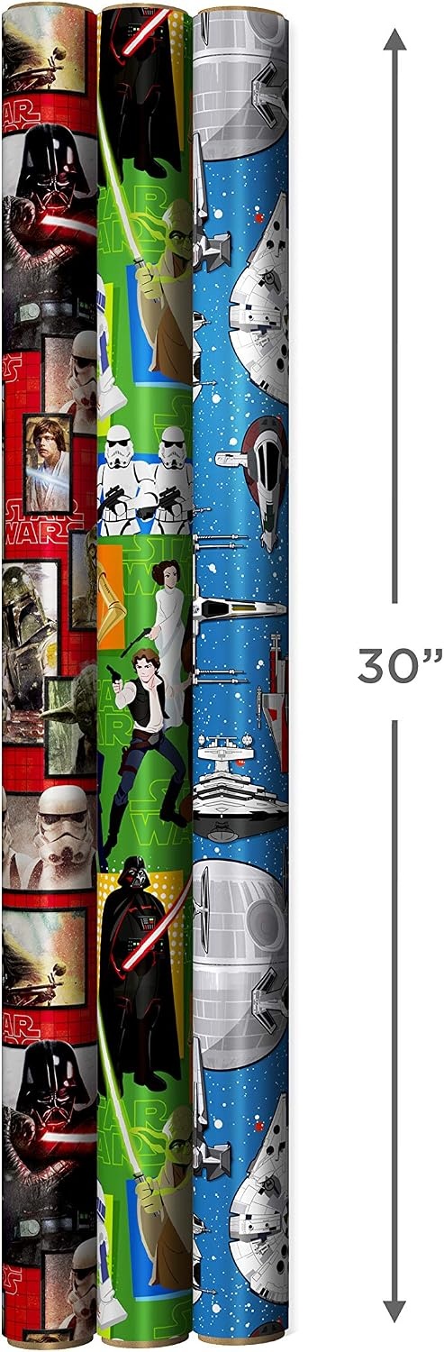 image:imageHallmark Star Wars Wrapping Paper with Cut Lines on Reverse 3Pack 60 sq ft ttl with Yoda Darth Vader Chewbacca R2D2 C3PO Stormtroopers XWing Millennium FalconWrapping Paper