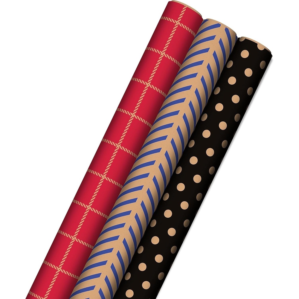image:imageHallmark All Occasion Reversible Wrapping Paper  Gold amp Kraft Stripes Triangles Chevron Polka DotsKraft Red  Blue  and Black