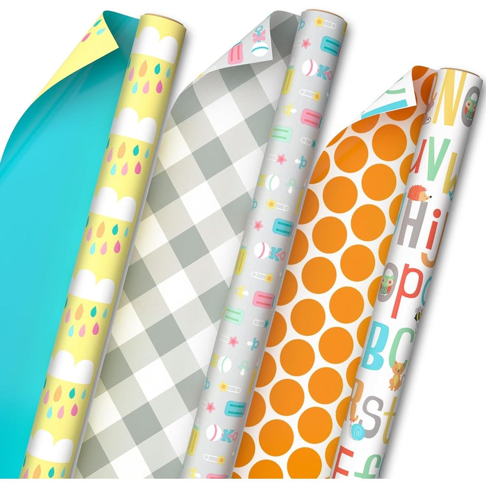 image:imageHallmark Baby Shower Wrapping Paper Rolls  Animals Grey Gingham Rainbows Gift Wrap Paper Set of 3 Rolls 60 sq ft ttl for Baby Showers Gender Reveal Parties First BirthdaysClouds  Bottles  ABCs