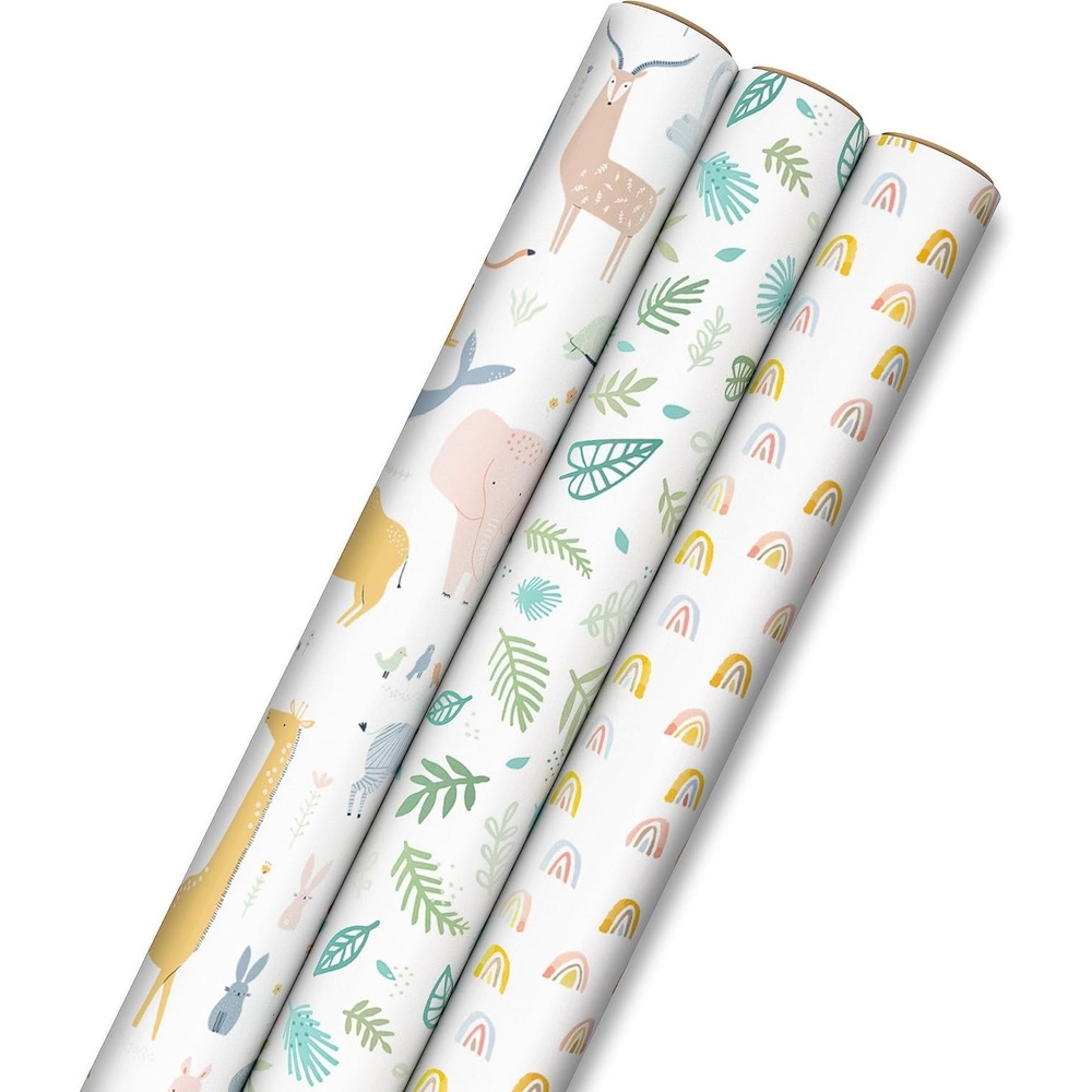 image:imageHallmark Baby Shower Wrapping Paper Rolls  Animals Grey Gingham Rainbows Gift Wrap Paper Set of 3 Rolls 60 sq ft ttl for Baby Showers Gender Reveal Parties First BirthdaysAnimals  Greenery  Rainbows