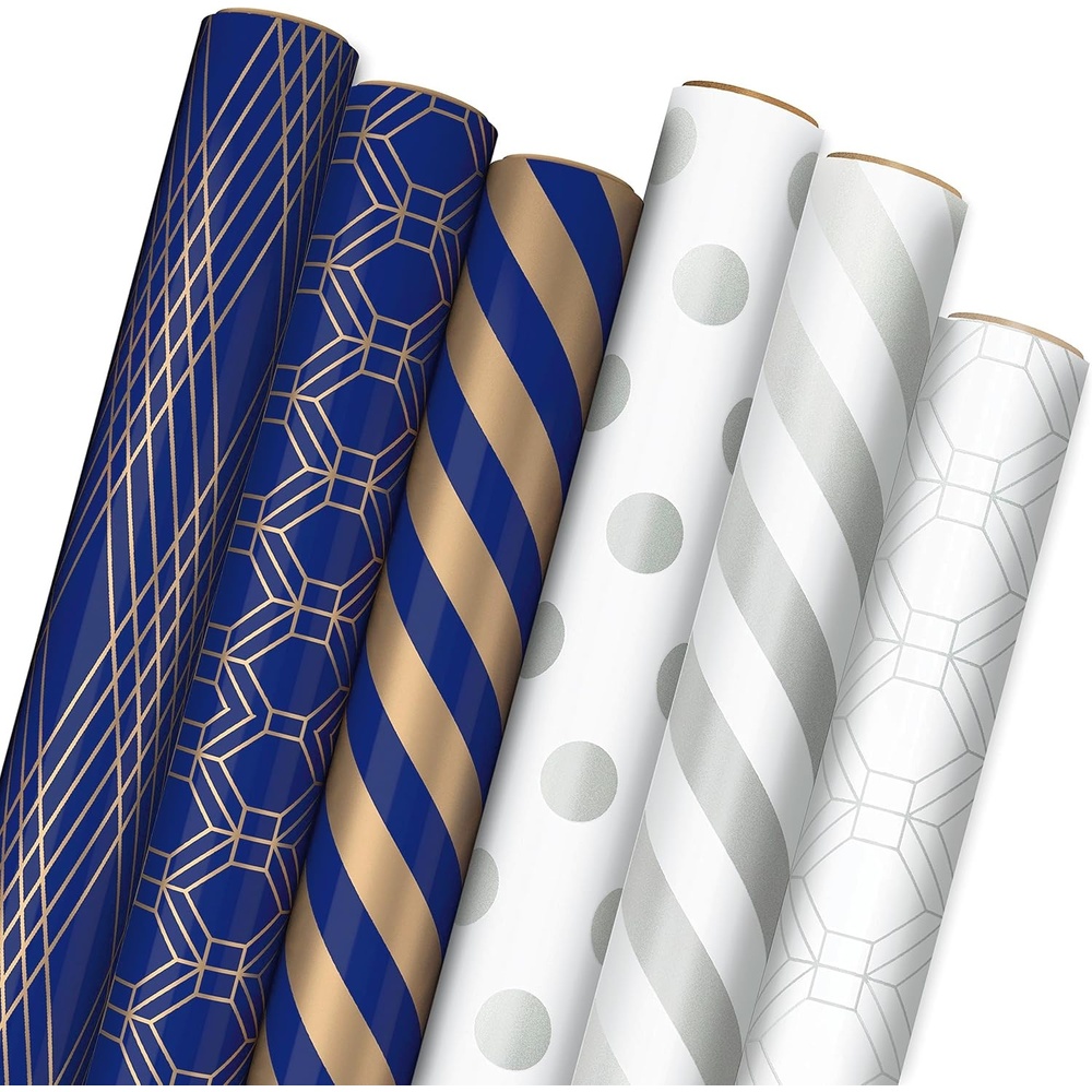 image:imageHallmark Birthday Wrapping Paper Recyclable Brown Kraft Gift Wrap 3 Rolls 60 sq ft ttl Kids Birthday Retro Icons Roller Skates SkateboardNavy  Gold  Silver  White