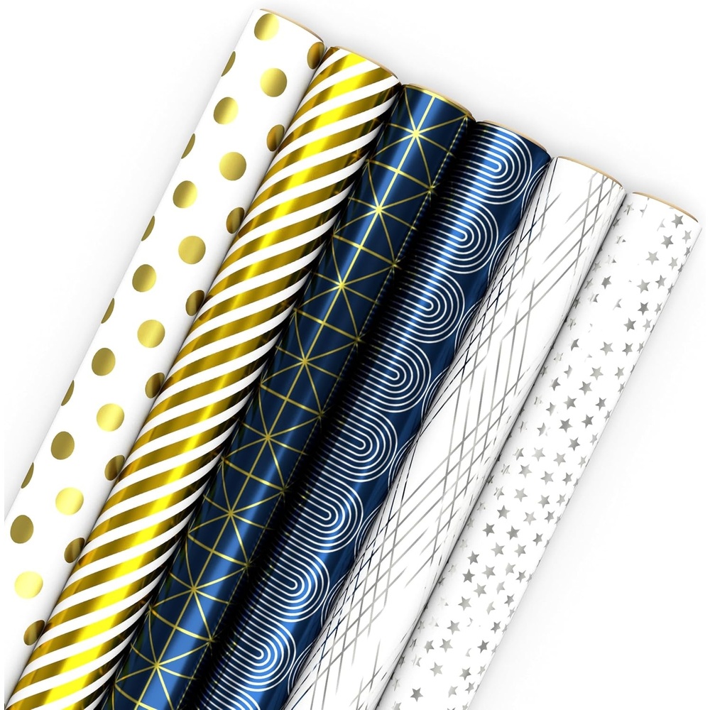 image:imageHallmark Birthday Wrapping Paper Recyclable Brown Kraft Gift Wrap 3 Rolls 60 sq ft ttl Kids Birthday Retro Icons Roller Skates SkateboardSilver  Gold  Navy