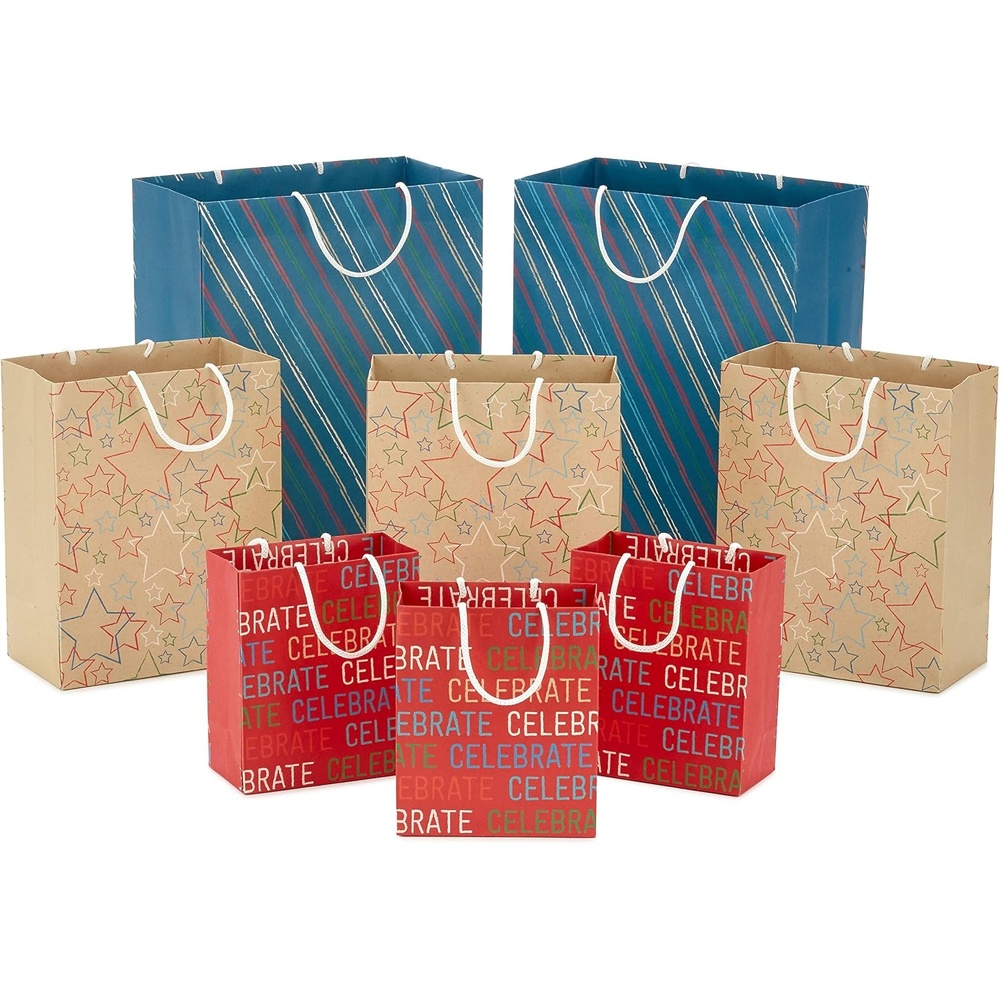 image:imageHallmark Gift Bag Assortment 8 Bags 3 Small 6 3 Medium 9 2 Large 13 Celebrate Stars Stripes Red Blue Recyclable Kraft Brown for Birthdays Graduations Fathers DayRed  Kraft