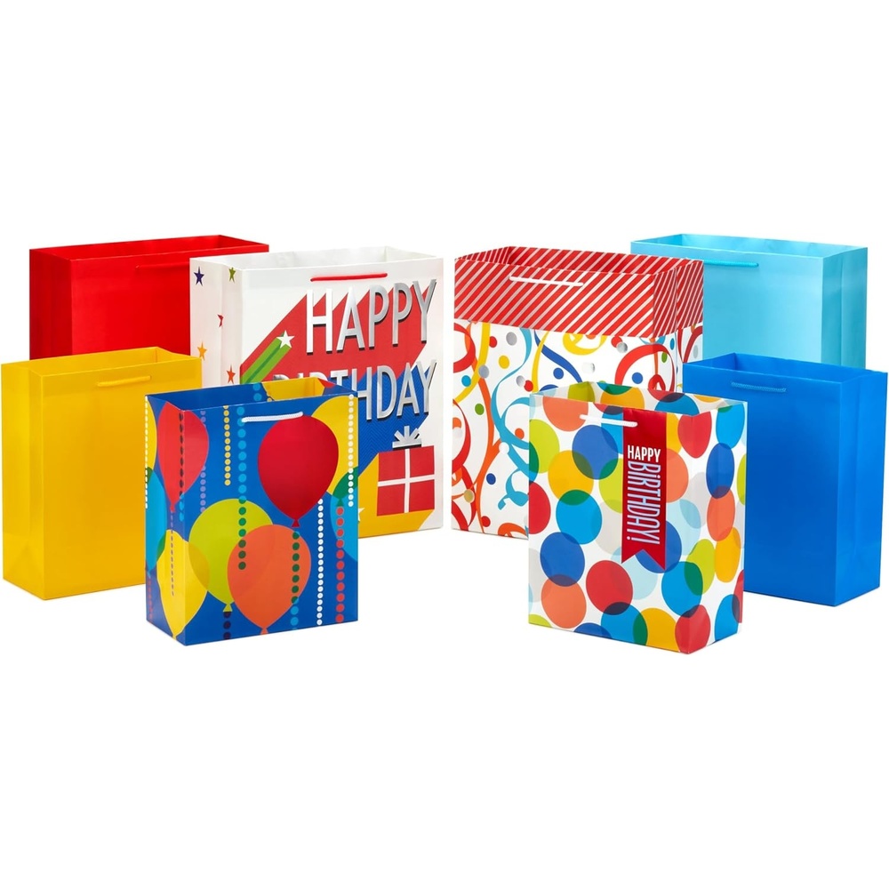 image:imageHallmark Gift Bag Assortment 8 Bags 3 Small 6 3 Medium 9 2 Large 13 Kids Birthday Good Vibes Retro IconsBalloons  Solids  Happy Bday