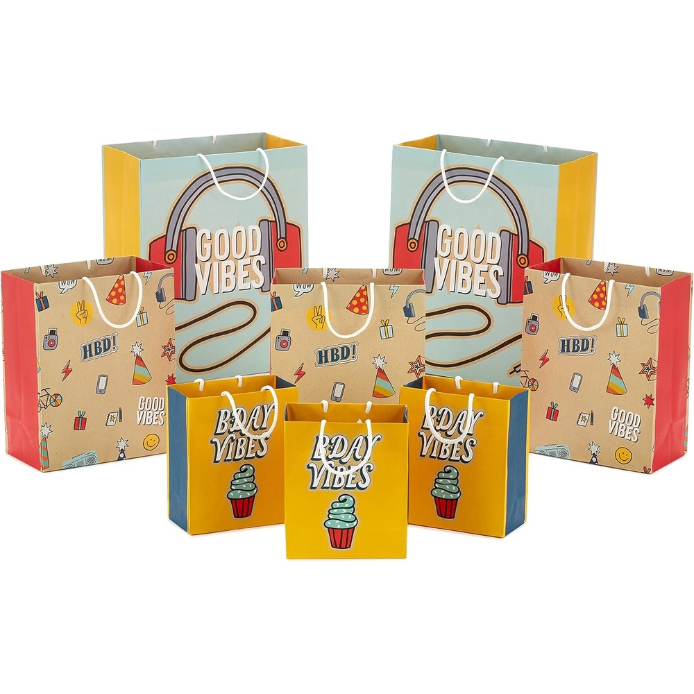 image:imageHallmark Gift Bag Assortment 8 Bags 3 Small 6 3 Medium 9 2 Large 13 Kids Birthday Good Vibes Retro IconsRetro Good Vibes