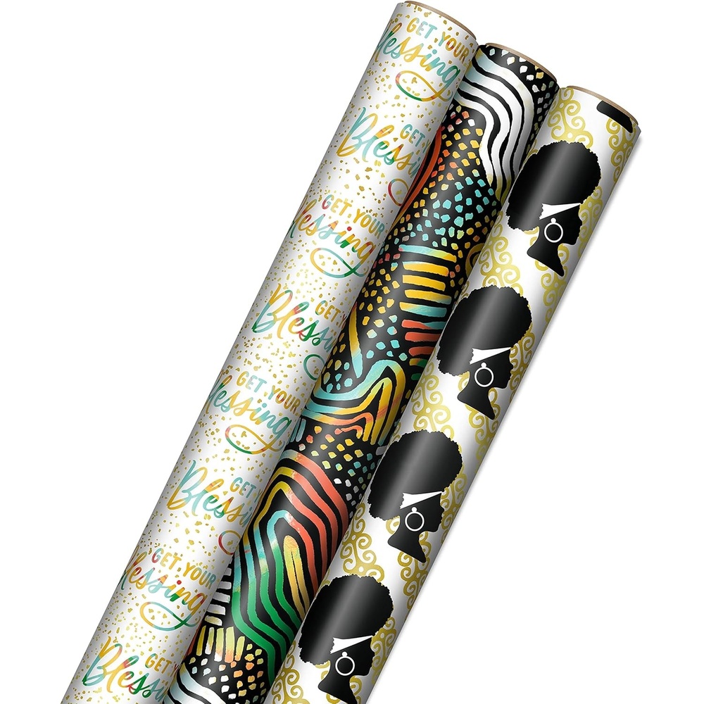 image:imageHallmark Mahogany Wrapping Paper with Cutlines on Reverse 3 Rolls 75 sq ft ttl Get Your Blessing for Birthdays Weddings Bridal Showers Gold Black Red Yellow Green White 0005EWR6549