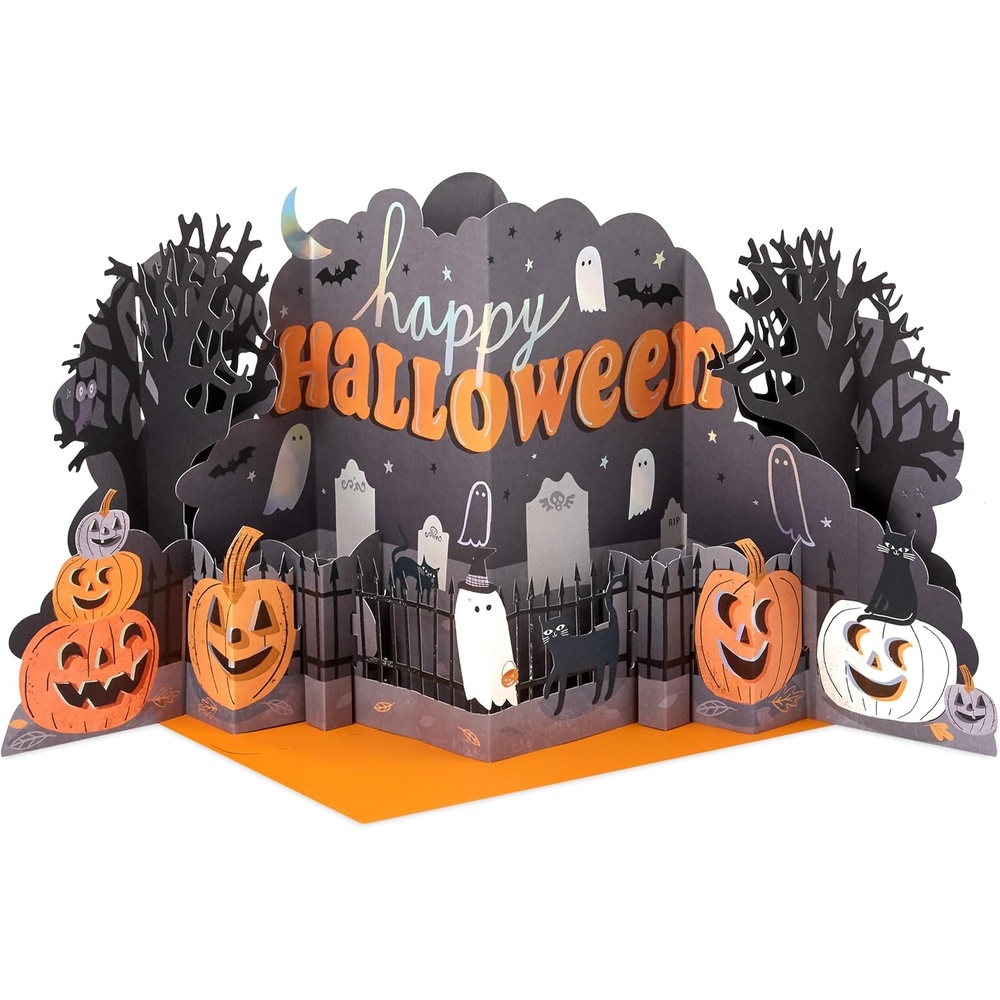 image:imageHallmark Paper Wonder Displayable Jumbo Halloween Card or Centerpiece Accordion Fold Haunted HousePumpkins in Graveyard
