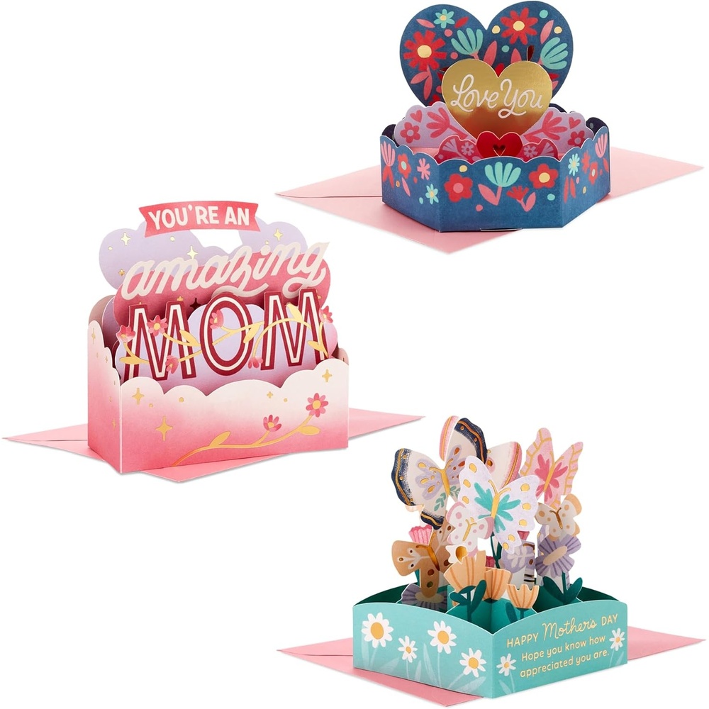 image:imageHallmark Paper Wonder Mothers Day Pop Up Cards Assorted Pack of 3 Mini 3D Cards Amazing MomMini Assorted Pop Ups  3 Cards with Envelopes