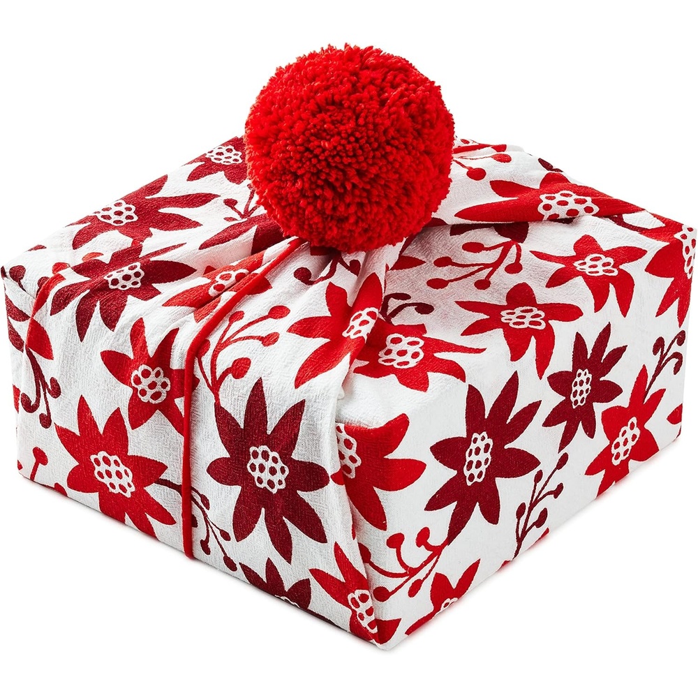 image:imageHallmark Reusable Fabric Gift Wrap 1 Wrap 26 x 26 Winter Flowers Bold Red Flowers on White for Christmas Valentines Day Mothers Day Birthdays