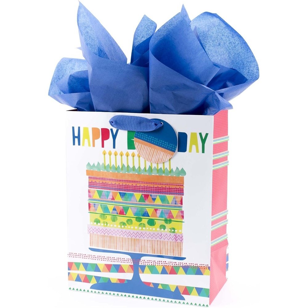 image:imageHallmark Signature Studio 10 Large Square Gift Bag with Tissue Paper Happy Birthday Teal Gray Pink Blue on WhiteBirthday Cake