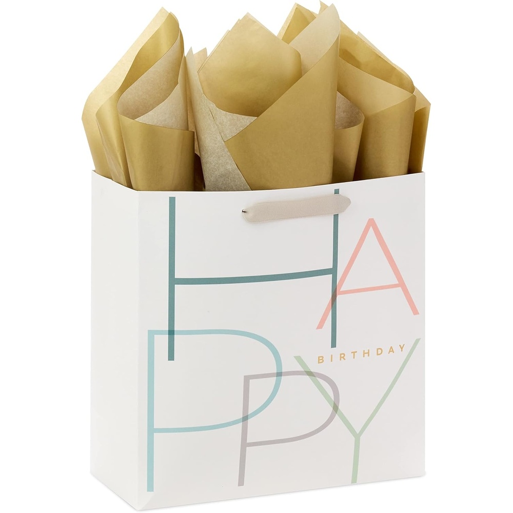 image:imageHallmark Signature Studio 10 Large Square Gift Bag with Tissue Paper Happy Birthday Teal Gray Pink Blue on WhiteMinimal Teal  Gray  Pink  Blue