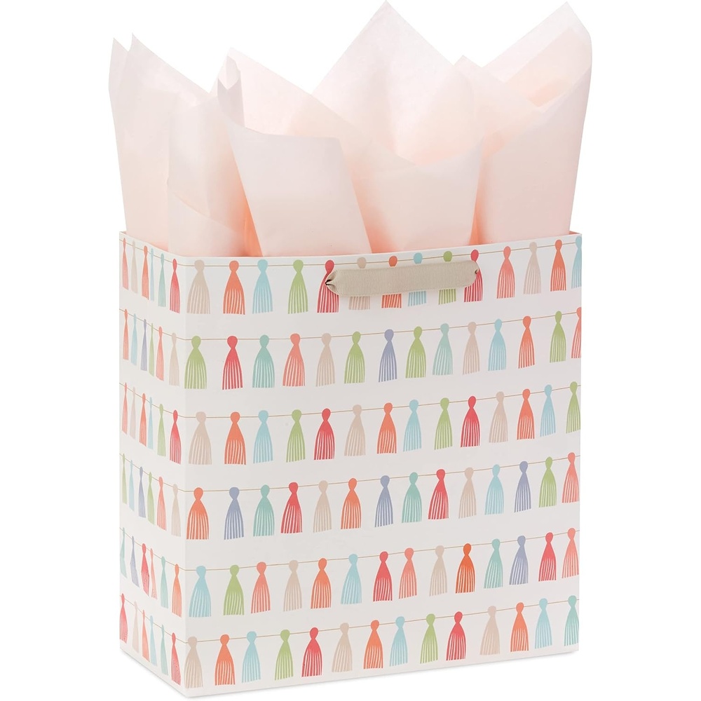 image:imageHallmark Signature Studio 7 Medium Square Gift Bag with Tissue Paper Coral Blush Pink Gold Stripes for Valentines Day Birthdays Mothers Day Bridal Showers Weddings Baby Showers and MoreRainbow Tassels
