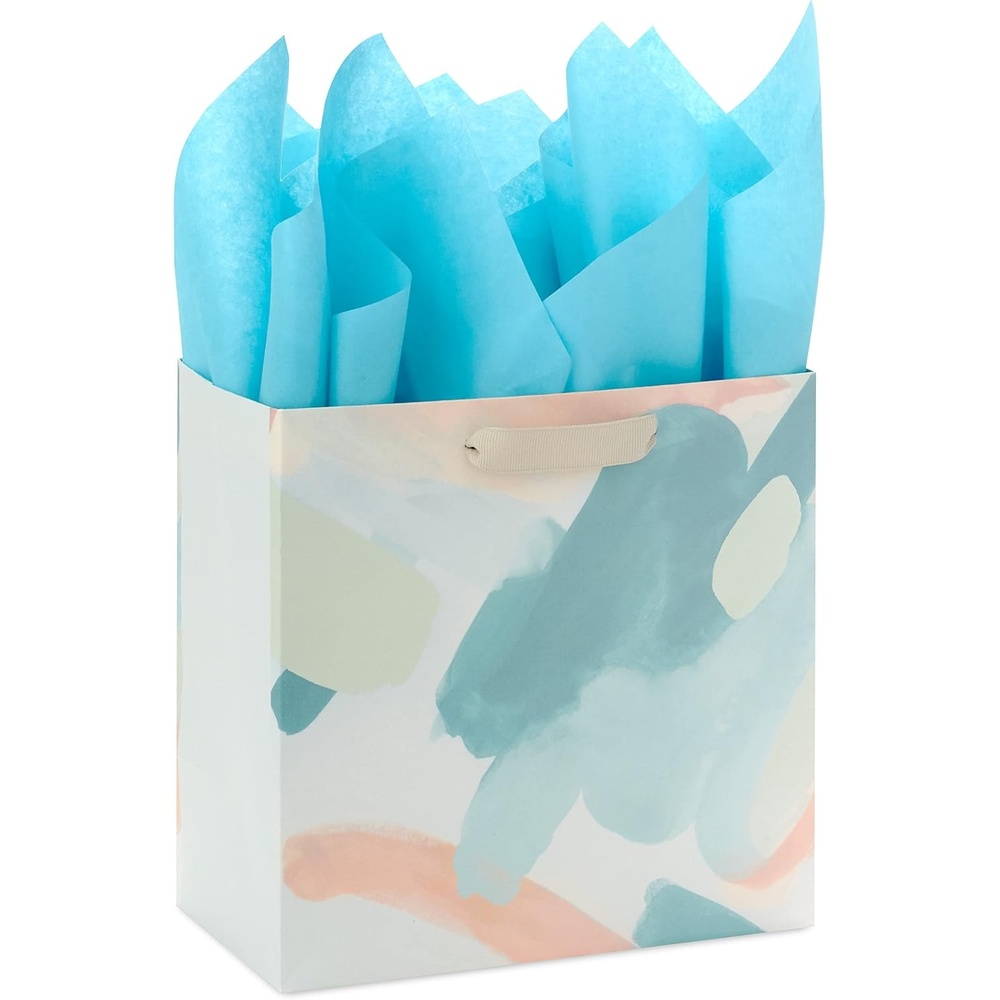 image:imageHallmark Signature Studio 7 Medium Square Gift Bag with Tissue Paper Coral Blush Pink Gold Stripes for Valentines Day Birthdays Mothers Day Bridal Showers Weddings Baby Showers and MoreAbstract Brushstrokes