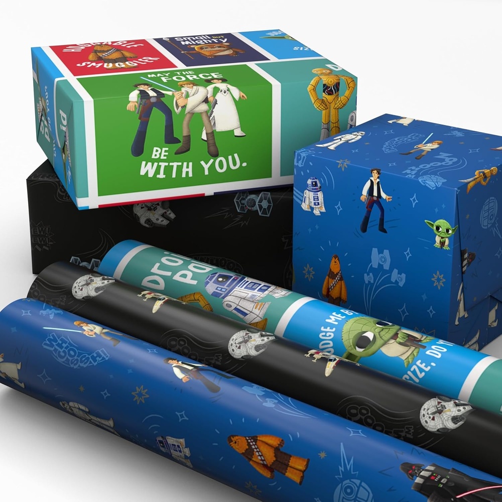 image:imageHallmark Star Wars Wrapping Paper Mini Rolls 3Pack Darth Vader Luke Han Solo Millennium Falcon Ewoks Yoda for Birthday May the 4th Graduation Fathers Day Any Occasion  45 Sq Ft TotalStar Wars 3 Mini Rolls