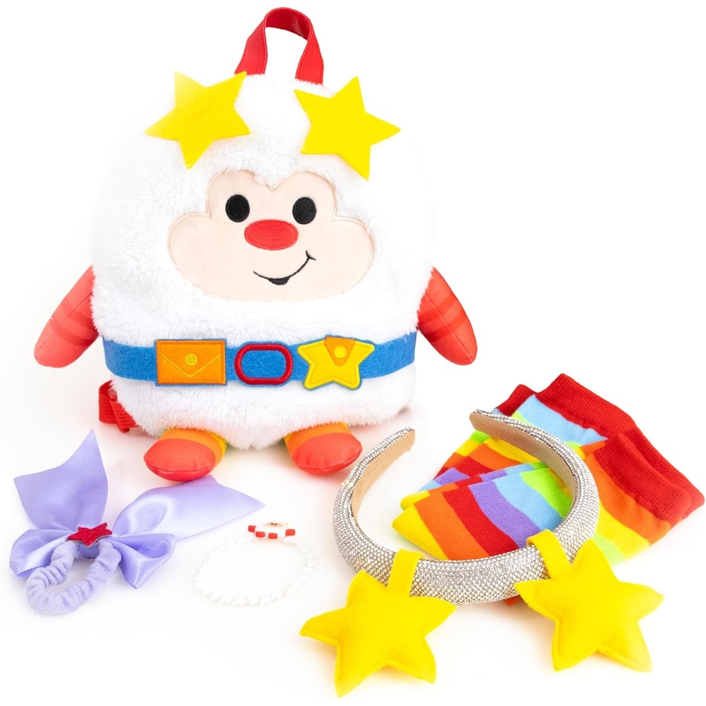 image:imageRainbow Brite 6Piece Set with adjustable Plush Backpack Sparkle Star Headband Rainbow Arm Warmers Purple Bow Hair Tie Sprite Bracelet One sizeAdults Kids Great for costumes cosplay dress up