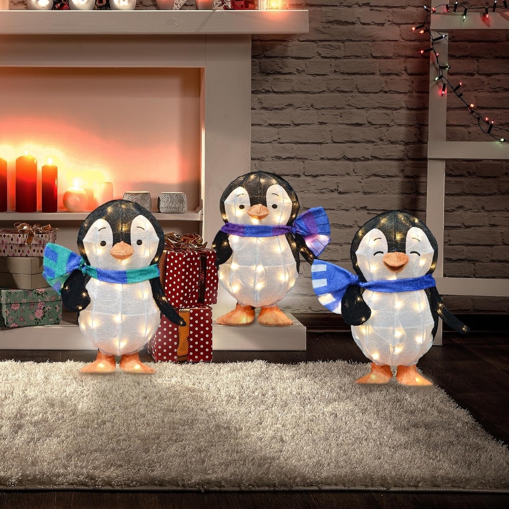 image:imageSet of Three 18 Inch Hallmark Keepsakes Christmas Penguins Holiday Outdoor LED Yard Decor Wendel Waddles and Wade