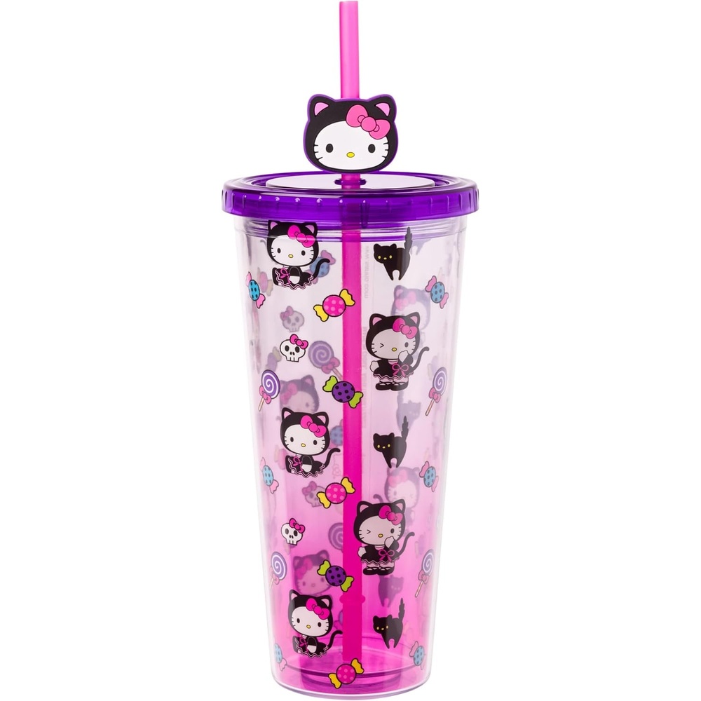 image:imageSilver Buffalo Rainbow Brite Plastic Cold Cup with Lid and Straw Topper 24 OuncesHello Kitty Black Cat Halloween