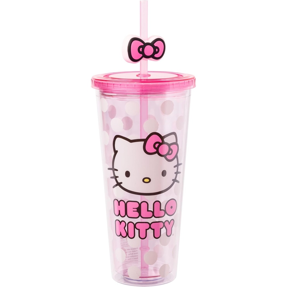 image:imageSilver Buffalo Rainbow Brite Plastic Cold Cup with Lid and Straw Topper 24 OuncesHello Kitty Bow and Pink Polka Dots