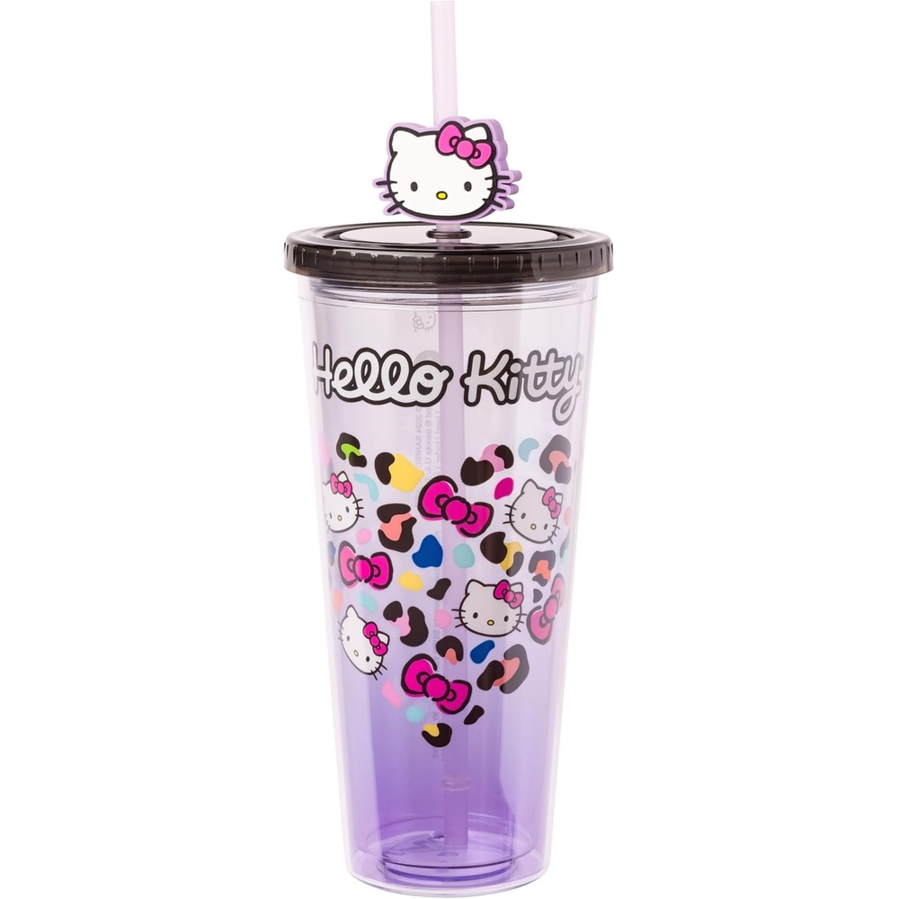 image:imageSilver Buffalo Rainbow Brite Plastic Cold Cup with Lid and Straw Topper 24 OuncesHello Kitty Leopard Heart