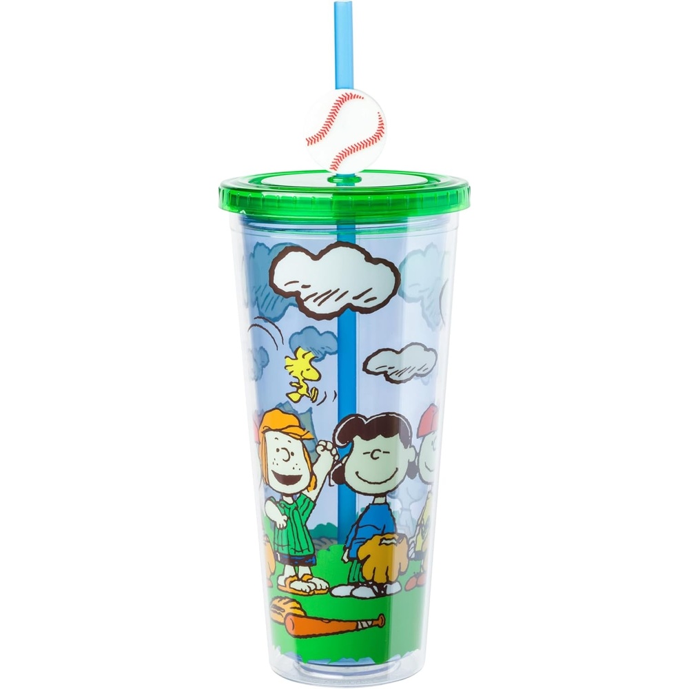 image:imageSilver Buffalo Rainbow Brite Plastic Cold Cup with Lid and Straw Topper 24 OuncesPeanuts Playing Baseball