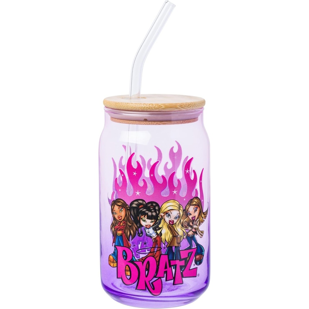 image:imageSilver Buffalo Rainbow Brite Stars Sparkle Featuring Twink Glass Jar Tumbler with Bamboo Lid and Glass Straw 16 OuncesBratz Purple Flames