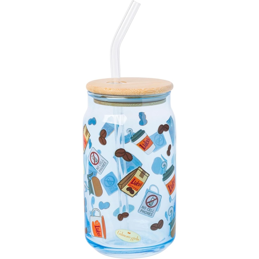 image:imageSilver Buffalo Rainbow Brite Stars Sparkle Featuring Twink Glass Jar Tumbler with Bamboo Lid and Glass Straw 16 OuncesGilmore Girls Lukes Coffee Blue