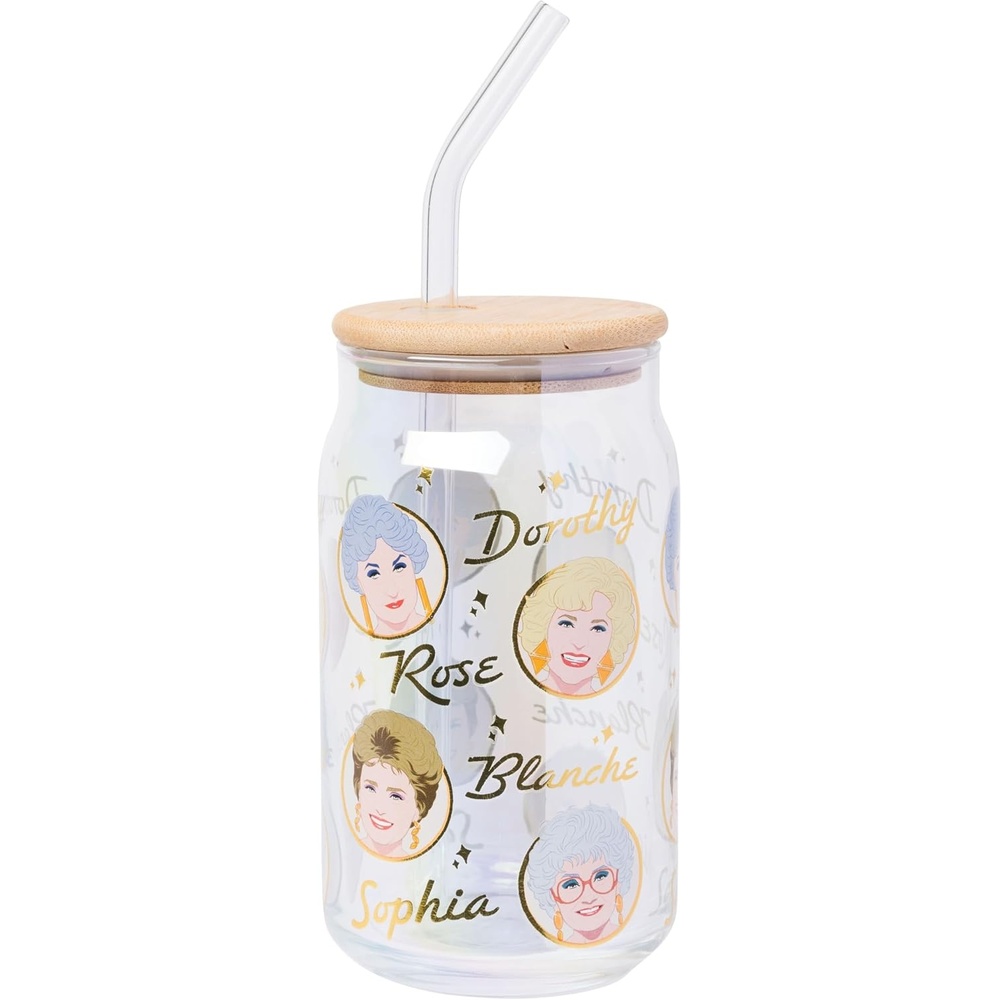 image:imageSilver Buffalo Rainbow Brite Stars Sparkle Featuring Twink Glass Jar Tumbler with Bamboo Lid and Glass Straw 16 OuncesGolden Girls Iridescent