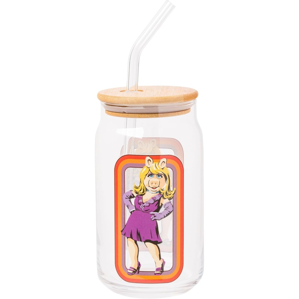 image:imageSilver Buffalo Rainbow Brite Stars Sparkle Featuring Twink Glass Jar Tumbler with Bamboo Lid and Glass Straw 16 OuncesMuppets Miss Piggy