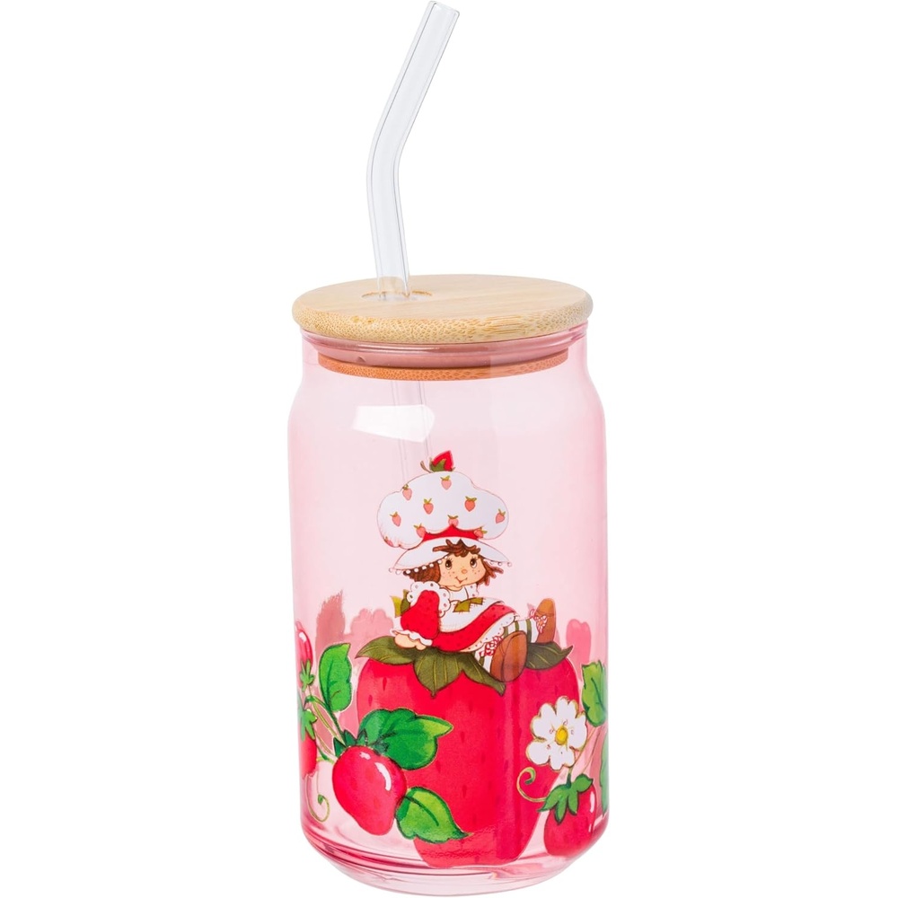 image:imageSilver Buffalo Rainbow Brite Stars Sparkle Featuring Twink Glass Jar Tumbler with Bamboo Lid and Glass Straw 16 OuncesStrawberry Shortcake Sitting on Strawberry