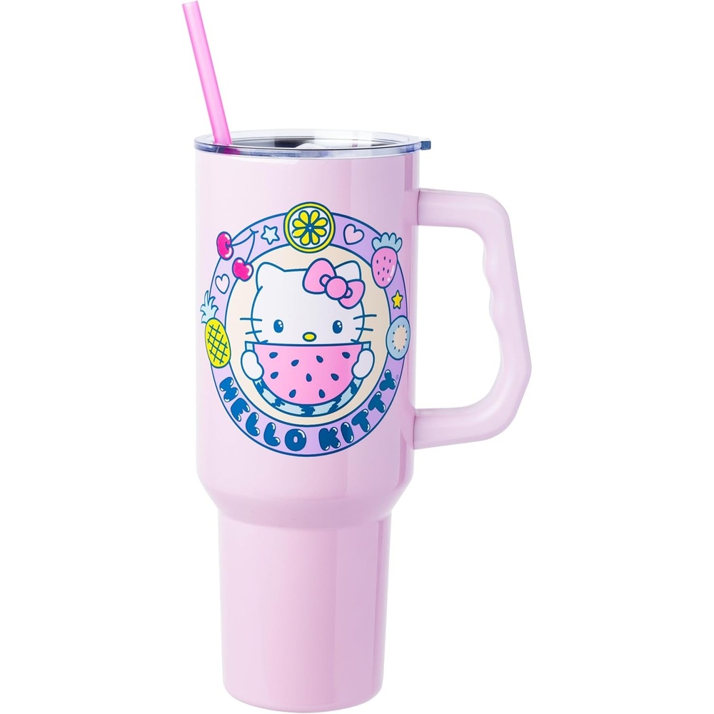 image:imageSilver Buffalo Rainbow Brite and Twink Sparkle Double Walled Stainless Steel Tumbler with Handle and Straw Fits in Standard Cup Holder 40 OuncesHello Kitty Kawaii Fruits