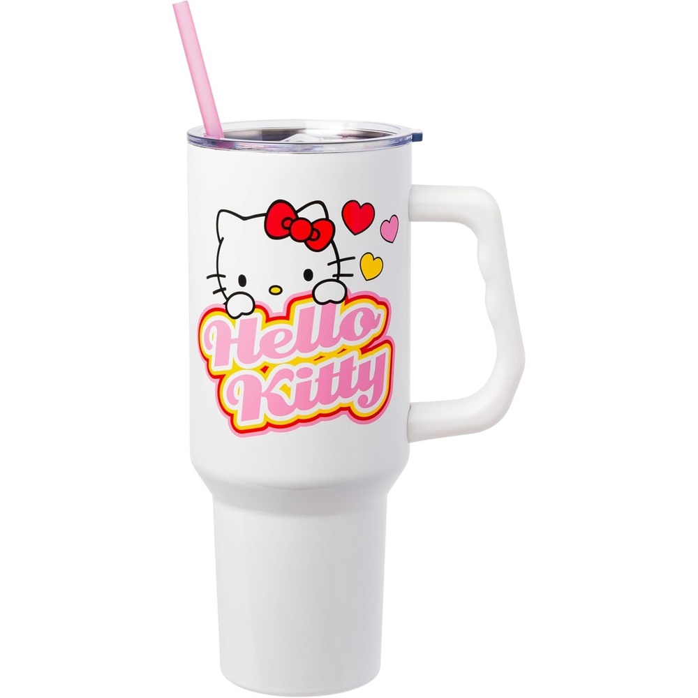 image:imageSilver Buffalo Rainbow Brite and Twink Sparkle Double Walled Stainless Steel Tumbler with Handle and Straw Fits in Standard Cup Holder 40 OuncesHello Kitty Name