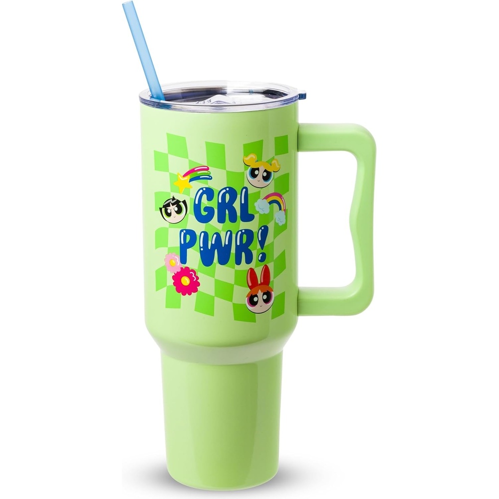 image:imageSilver Buffalo Rainbow Brite and Twink Sparkle Double Walled Stainless Steel Tumbler with Handle and Straw Fits in Standard Cup Holder 40 OuncesPowerpuff Girls Groovy Girl Power