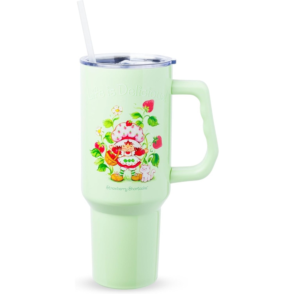 image:imageSilver Buffalo Rainbow Brite and Twink Sparkle Double Walled Stainless Steel Tumbler with Handle and Straw Fits in Standard Cup Holder 40 OuncesStrawberry Shortcake Life is Delicious