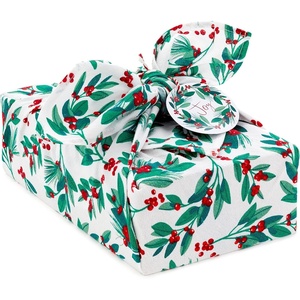 Hallmark 26″ Reusable Christmas Gift Wrap (1 Fabric: Red Holly, Green Foliage, Natural Cotton) for Holiday Parties, Housewarming Gifts