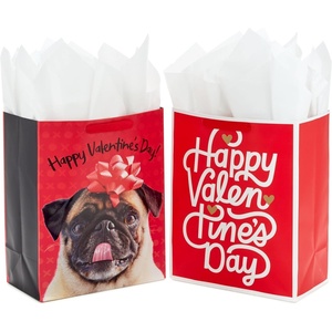 Hallmark 8.8″ Medium Valentine’s Day Gift Bags With Tissue Paper (Diagonal Hearts and Stripes 3-Pack)(Pug  Happy Valentine’s Day)