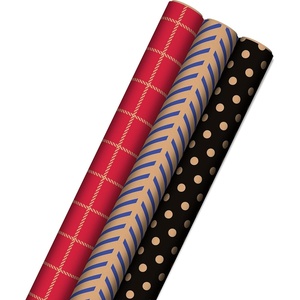 Hallmark All Occasion Reversible Wrapping Paper – Gold & Kraft Stripes, Triangles, Chevron, Polka Dots(Kraft Red  Blue  and Black)
