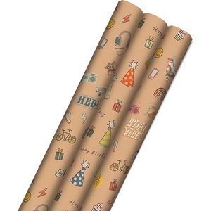 Hallmark Birthday Wrapping Paper, Recyclable Brown Kraft Gift Wrap (3 Rolls: 60 sq. ft. ttl) Kids Birthday, Retro Icons, Roller Skates, Skateboard(Retro Icons)