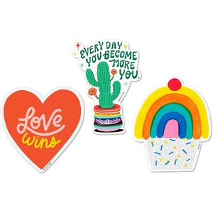 Hallmark Pack of 3 Stickers for Water Bottles, Planners, Notebooks, Wall (Cupcake, Cactus, and Heart Pride Decals for Teens or Adults)(Cupcake  Cactus  and Heart Pride Decals for Teens or Adults)
