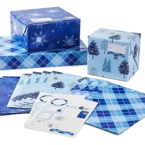 Hallmark Recyclable Flat Wrapping Paper Sheets with Cutlines on Reverse (12 Folded Sheets with Sticker Gift Tags) Winter Blue Plaid, Trees, Snowflakes(12 Count (Pack of 1))