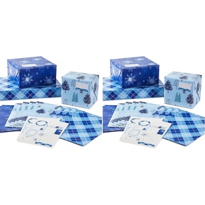 Hallmark Recyclable Flat Wrapping Paper Sheets with Cutlines on Reverse (12 Folded Sheets with Sticker Gift Tags) Winter Blue Plaid, Trees, Snowflakes(12 Count (Pack of 2))