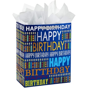 Hallmark Signature Studio 10″ Large Square Gift Bag with Tissue Paper (Happy Birthday) Teal, Gray, Pink, Blue on White(Blue Happy Birthday)