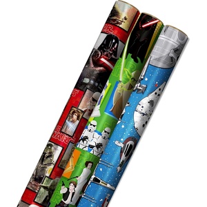 Hallmark Star Wars Wrapping Paper with Cut Lines on Reverse (3-Pack: 60 sq. ft. ttl) with Yoda, Darth Vader, Chewbacca, R2-D2, C-3PO, Stormtroopers, X-Wing, Millennium Falcon(Wrapping Paper)