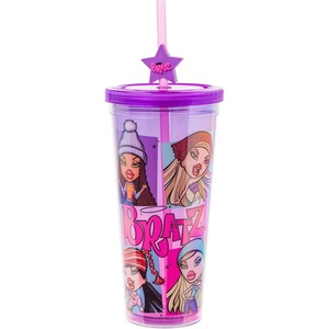 Silver Buffalo Rainbow Brite Plastic Cold Cup with Lid and Straw Topper, 24 Ounces(Bratz Pink and Purple)