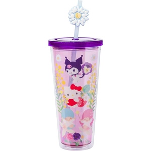 Silver Buffalo Rainbow Brite Plastic Cold Cup with Lid and Straw Topper, 24 Ounces(Hello Kitty  Kuromi  and Little Twin Stars)
