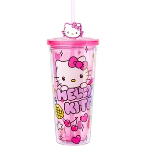 Silver Buffalo Rainbow Brite Plastic Cold Cup with Lid and Straw Topper, 24 Ounces(Hello Kitty Kawaii Hearts and Sparkle)