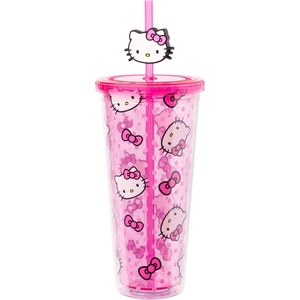Silver Buffalo Rainbow Brite Plastic Cold Cup with Lid and Straw Topper, 24 Ounces(Hello Kitty and Bows)