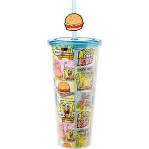 Silver Buffalo Rainbow Brite Plastic Cold Cup with Lid and Straw Topper, 24 Ounces(Spongebob Squarepants Comic Panel)