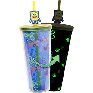 Silver Buffalo Rainbow Brite Plastic Cold Cup with Lid and Straw Topper, 24 Ounces(Spongebob Squarepants: Jumpin’ Jellyfish)